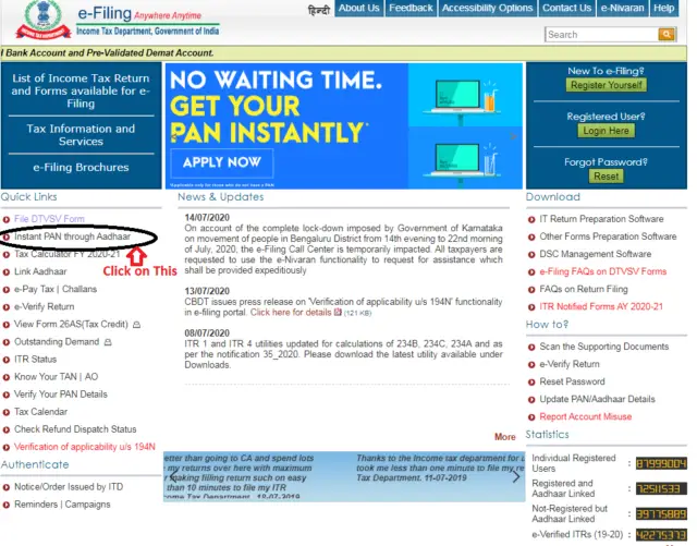 Apply for E PAN from Income Tax E filing Website